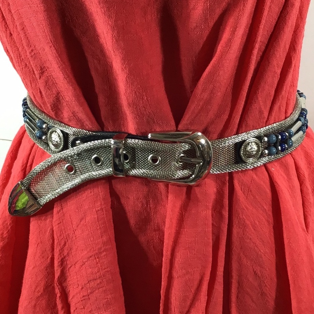 Donna Katz vintage silver mesh blue beads belt M